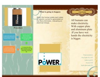 What is going to happen                   Conclusion


            When the human grabs each plate,
            an electric current is generated on
            the Micro Ammeter, indicating an      All humans can
            electrical charge.                    make electricity.
                                                  With copper plate
Procedure
                                                  and aluminum plate
                                                  .If you have wet
                                                  hands the electricity
                                                  is bigger.




                                                               Team members
                                                            Ana Sofia Gzz #13
                                                                 Gaby Gzz#15
                                                                  Ivonne #18
                                                            Sofia Quesada #21
 