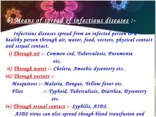 b) Means of spread of infectious diseases :Infectious diseases spread from an infected person to a
healthy person through air, water, food, vectors, physical contact
and sexual contact.
i) Through air :- Common cod, Tuberculosis, Pneumonia
etc.
ii) Through water :- Cholera, Amoebic dysentery etc.
iii) Through vectors :Mosquitoes :- Malaria, Dengue, Yellow fever etc.
Flies
:- Typhoid, Tuberculosis, Diarrhea, Dysentery
etc.
iv) Through sexual contact :- Syphilis, AIDS.
AIDS virus can also spread though blood transfusion and

 