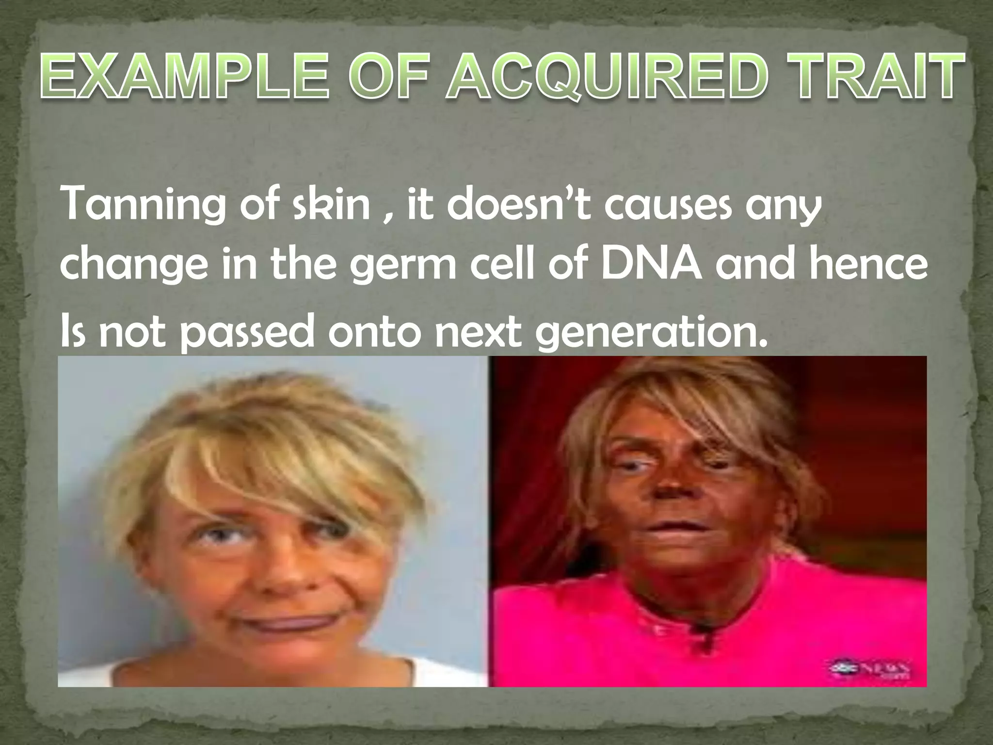 Tanning of skin , it doesn’t causes any
change in the germ cell of DNA and hence
Is not passed onto next generation.
