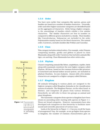 10 BIOLOGY
1.3.4 Order
You have seen earlier that categories like species, genus and
families are based on a number of similar characters. Generally,
order and other higher taxonomic categories are identified based
on the aggregates of characters. Order being a higher category,
is the assemblage of families which exhibit a few similar
characters. The similar characters are less in number as
compared to different genera included in a family. Plant families
like Convolvulaceae, Solanaceae are included in the order
Polymoniales mainly based on the floral characters. The animal
order, Carnivora, includes families like Felidae and Cancidae.
1.3.5 Class
This category includes related orders. For example, order Primata
comprising monkey, gorilla and gibbon is placed in class
Mammalia along with order Carnivora that includes animals like
tiger, cat and dog. Class Mammalia has other orders also.
1.3.6 Phylum
Classes comprising animals like fishes, amphibians, reptiles, birds
along with mammals constitute the next higher category called
Phylum. All these, based on the common features like presence
of notochord and dorsal hollow neural system, are included in
phylum Chordata. In case of plants, classes with a few similar
characters are assigned to a higher category called Division.
1.3.7 Kingdom
All animals belonging to various phyla are assigned to the
highest category called Kingdom Animalia in the classification
system of animals. The Kingdom Plantae, on the other hand, is
distinct, and comprises all plants from various divisions.
Henceforth, we will refer to these two groups as animal and
plant kingdoms.
The taxonomic categories from species to kingdom have been
shown in ascending order starting with species in Figure 1.1.
These are broad categories. However, taxonomists have also
developed sub-categories in this hierarchy to facilitate more
sound and scientific placement of various taxa.
Look at the hierarchy in Figure 1.1. Can you recall the basis
of arrangement? Say, for example, as we go higher from species
to kingdom, the number of common characteristics goes on
Figure 1.1 Taxonomic
c a t e g o r i e s
s h o w i n g
hierarchial
arrangement
in ascending
order
 