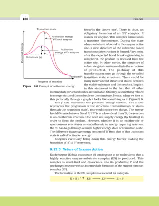 156 BIOLOGY
towards the ‘active site’. There is thus, an
obligatory formation of an ‘ES’ complex. E
stands for enzyme. This complex formation is
a transient phenomenon. During the state
where substrate is bound to the enzyme active
site, a new structure of the substrate called
transition state structure is formed. Very soon,
after the expected bond breaking/making is
completed, the product is released from the
active site. In other words, the structure of
substrate gets transformed into the structure
of product(s). The pathway of this
transformation must go through the so-called
transition state structure. There could be
many more ‘altered structural states’ between
the stable substrate and the product. Implicit
in this statement is the fact that all other
intermediate structural states are unstable. Stability is something related
to energy status of the molecule or the structure. Hence, when we look at
this pictorially through a graph it looks like something as in Figure 9.6.
The y-axis represents the potential energy content. The x-axis
represents the progression of the structural transformation or states
through the ‘transition state’. You would notice two things. The energy
level difference between S and P. If ‘P’ is at a lower level than ‘S’, the reaction
is an exothermic reaction. One need not supply energy (by heating) in
order to form the product. However, whether it is an exothermic or
spontaneous reaction or an endothermic or energy requiring reaction,
the ‘S’ has to go through a much higher energy state or transition state.
The difference in average energy content of ‘S’ from that of this transition
state is called ‘activation energy’.
Enzymes eventually bring down this energy barrier making the
transition of ‘S’ to ‘P’ more easy.
9.12.3 Nature of Enzyme Action
Each enzyme (E) has a substrate (S) binding site in its molecule so that a
highly reactive enzyme-substrate complex (ES) is produced. This
complex is short-lived and dissociates into its product(s) P and the
unchanged enzyme with an intermediate formation of the enzyme-product
complex (EP).
The formation of the ES complex is essential for catalysis.
E + S ˆ ˆ ˆ†‡ ˆ ˆˆ ES ⎯ →⎯ EP ⎯ →⎯ E + P
Activation energy
without enzyme
PotentialEnergy
Activation
energy with enzyme
Substrate (s)
Product (P)
Progress of reaction
Transition state
Figure 9.6 Concept of activation energy
 