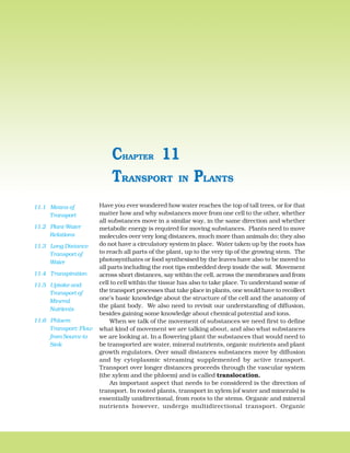 Have you ever wondered how water reaches the top of tall trees, or for that
matter how and why substances move from one cell to the other, whether
all substances move in a similar way, in the same direction and whether
metabolic energy is required for moving substances. Plants need to move
molecules over very long distances, much more than animals do; they also
do not have a circulatory system in place. Water taken up by the roots has
to reach all parts of the plant, up to the very tip of the growing stem. The
photosynthates or food synthesised by the leaves have also to be moved to
all parts including the root tips embedded deep inside the soil. Movement
across short distances, say within the cell, across the membranes and from
cell to cell within the tissue has also to take place. To understand some of
the transport processes that take place in plants, one would have to recollect
one’s basic knowledge about the structure of the cell and the anatomy of
the plant body. We also need to revisit our understanding of diffusion,
besides gaining some knowledge about chemical potential and ions.
When we talk of the movement of substances we need first to define
what kind of movement we are talking about, and also what substances
we are looking at. In a flowering plant the substances that would need to
be transported are water, mineral nutrients, organic nutrients and plant
growth regulators. Over small distances substances move by diffusion
and by cytoplasmic streaming supplemented by active transport.
Transport over longer distances proceeds through the vascular system
(the xylem and the phloem) and is called translocation.
An important aspect that needs to be considered is the direction of
transport. In rooted plants, transport in xylem (of water and minerals) is
essentially unidirectional, from roots to the stems. Organic and mineral
nutrients however, undergo multidirectional transport. Organic
TRANSPORT IN PLANTS
CHAPTER 11
11.1 Means of
Transport
11.2 Plant-Water
Relations
11.3 Long Distance
Transport of
Water
11.4 Transpiration
11.5 Uptake and
Transport of
Mineral
Nutrients
11.6 Phloem
Transport: Flow
from Source to
Sink
 
