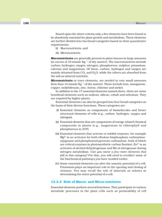 196 BIOLOGY
Based upon the above criteria only a few elements have been found to
be absolutely essential for plant growth and metabolism. These elements
are further divided into two broad categories based on their quantitative
requirements.
(i) Macronutrients, and
(ii) Micronutrients
Macronutrients are generally present in plant tissues in large amounts
(in excess of 10 mmole Kg –1
of dry matter). The macronutrients include
carbon, hydrogen, oxygen, nitrogen, phosphorous, sulphur, potassium,
calcium and magnesium. Of these, carbon, hydrogen and oxygen are
mainly obtained from CO2
and H2
O, while the others are absorbed from
the soil as mineral nutrition.
Micronutrients or trace elements, are needed in very small amounts
(less than 10 mmole Kg –1
of dry matter). These include iron, manganese,
copper, molybdenum, zinc, boron, chlorine and nickel.
In addition to the 17 essential elements named above, there are some
beneficial elements such as sodium, silicon, cobalt and selenium. They
are required by higher plants.
Essential elements can also be grouped into four broad categories on
the basis of their diverse functions. These categories are:
(i) Essential elements as components of biomolecules and hence
structural elements of cells (e.g., carbon, hydrogen, oxygen and
nitrogen).
(ii) Essential elements that are components of energy-related chemical
compounds in plants (e.g., magnesium in chlorophyll and
phosphorous in ATP).
(iii) Essential elements that activate or inhibit enzymes, for example
Mg2+
is an activator for both ribulose bisphosphate carboxylase-
oxygenase and phosphoenol pyruvate carboxylase, both of which
are critical enzymes in photosynthetic carbon fixation; Zn2+
is an
activator of alcohol dehydrogenase and Mo of nitrogenase during
nitrogen metabolism. Can you name a few more elements that
fall in this category? For this, you will need to recollect some of
the biochemical pathways you have studied earlier.
(iv) Some essential elements can alter the osmotic potential of a cell.
Potassium plays an important role in the opening and closing of
stomata. You may recall the role of minerals as solutes in
determining the water potential of a cell.
12.2.2 Role of Macro- and Micro-nutrients
Essential elements perform several functions. They participate in various
metabolic processes in the plant cells such as permeability of cell
 
