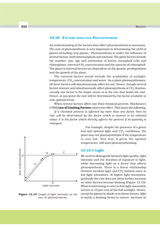 222 BIOLOGY
13.10 FACTORS AFFECTING PHOTOSYNTHESIS
An understanding of the factors that affect photosynthesis is necessary.
The rate of photosynthesis is very important in determining the yield of
plants including crop plants. Photosynthesis is under the influence of
several factors, both internal (plant) and external. The plant factors include
the number, size, age and orientation of leaves, mesophyll cells and
chloroplasts, internal CO2
concentration and the amount of chlorophyll.
The plant or internal factors are dependent on the genetic predisposition
and the growth of the plant.
The external factors would include the availability of sunlight,
temperature, CO2
concentration and water. As a plant photosynthesises,
all these factors will simultaneously affect its rate. Hence, though several
factors interact and simultaneously affect photosynthesis or CO2
fixation,
usually one factor is the major cause or is the one that limits the rate.
Hence, at any point the rate will be determined by the factor available at
sub-optimal levels.
When several factors affect any [bio] chemical process, Blackman’s
(1905) Law of Limiting Factors comes into effect. This states the following:
If a chemical process is affected by more than one factor, then its
rate will be determined by the factor which is nearest to its minimal
value: it is the factor which directly affects the process if its quantity is
changed.
For example, despite the presence of a green
leaf and optimal light and CO2
conditions, the
plant may not photosynthesise if the temperature
is very low. This leaf, if given the optimal
temperature, will start photosynthesising.
13.10.1 Light
We need to distinguish between light quality, light
intensity and the duration of exposure to light,
while discussing light as a factor that affects
photosynthesis. There is a linear relationship
between incident light and CO2
fixation rates at
low light intensities. At higher light intensities,
gradually the rate does not show further increase
as other factors become limiting (Figure 13.10).
What is interesting to note is that light saturation
occurs at 10 per cent of the full sunlight. Hence,
except for plants in shade or in dense forests, light
is rarely a limiting factor in nature. Increase in
Figure 13.10 Graph of light intensity on the
rate of photosynthesis
Rateofphotosynthesis
Light intensity
A
B C
D
E
 