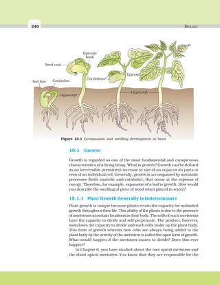 240 BIOLOGY
15.1 GROWTH
Growth is regarded as one of the most fundamental and conspicuous
characteristics of a living being. What is growth? Growth can be defined
as an irreversible permanent increase in size of an organ or its parts or
even of an individual cell. Generally, growth is accompanied by metabolic
processes (both anabolic and catabolic), that occur at the expense of
energy. Therefore, for example, expansion of a leaf is growth. How would
you describe the swelling of piece of wood when placed in water?
15.1.1 Plant Growth Generally is Indeterminate
Plant growth is unique because plants retain the capacity for unlimited
growth throughout their life. This ability of the plants is due to the presence
of meristems at certain locations in their body. The cells of such meristems
have the capacity to divide and self-perpetuate. The product, however,
soon loses the capacity to divide and such cells make up the plant body.
This form of growth wherein new cells are always being added to the
plant body by the activity of the meristem is called the open form of growth.
What would happen if the meristem ceases to divide? Does this ever
happen?
In Chapter 6, you have studied about the root apical meristem and
the shoot apical meristem. You know that they are responsible for the
Seed coat
Epicotyl
hook
Cotyledons
CotyledonSoil line
Epicotyl
Hypocotyl
Hypocotyl
Figure 15.1 Germination and seedling development in bean
 