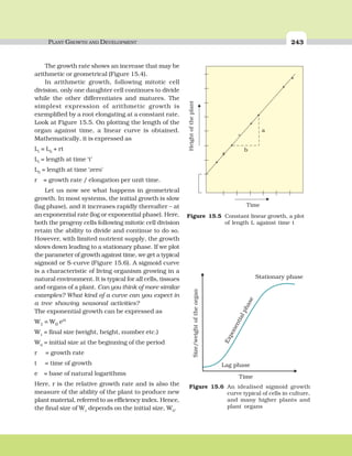 PLANT GROWTH AND DEVELOPMENT 243
The growth rate shows an increase that may be
arithmetic or geometrical (Figure 15.4).
In arithmetic growth, following mitotic cell
division, only one daughter cell continues to divide
while the other differentiates and matures. The
simplest expression of arithmetic growth is
exemplified by a root elongating at a constant rate.
Look at Figure 15.5. On plotting the length of the
organ against time, a linear curve is obtained.
Mathematically, it is expressed as
Lt
= L0
+ rt
Lt
= length at time ‘t’
L0
= length at time ‘zero’
r = growth rate / elongation per unit time.
Let us now see what happens in geometrical
growth. In most systems, the initial growth is slow
(lag phase), and it increases rapidly thereafter – at
an exponential rate (log or exponential phase). Here,
both the progeny cells following mitotic cell division
retain the ability to divide and continue to do so.
However, with limited nutrient supply, the growth
slows down leading to a stationary phase. If we plot
the parameter of growth against time, we get a typical
sigmoid or S-curve (Figure 15.6). A sigmoid curve
is a characteristic of living organism growing in a
natural environment. It is typical for all cells, tissues
and organs of a plant. Can you think of more similar
examples? What kind of a curve can you expect in
a tree showing seasonal activities?
The exponential growth can be expressed as
W1 = W0 ert
W1
= final size (weight, height, number etc.)
W0
= initial size at the beginning of the period
r = growth rate
t = time of growth
e = base of natural logarithms
Here, r is the relative growth rate and is also the
measure of the ability of the plant to produce new
plant material, referred to as efficiency index. Hence,
the final size of W1
depends on the initial size, W0
.
Figure 15.5 Constant linear growth, a plot
of length L against time t
a
b
Heightoftheplant
Time
Figure 15.6 An idealised sigmoid growth
curve typical of cells in culture,
and many higher plants and
plant organs
Size/weightoftheorgan
Exponentialphase
Lag phase
Time
Stationary phase
 