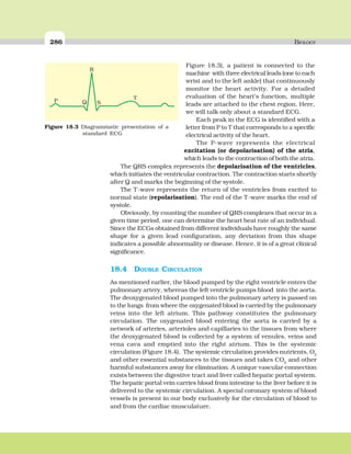 286 BIOLOGY
Figure 18.3), a patient is connected to the
machine with three electrical leads (one to each
wrist and to the left ankle) that continuously
monitor the heart activity. For a detailed
evaluation of the heart’s function, multiple
leads are attached to the chest region. Here,
we will talk only about a standard ECG.
Each peak in the ECG is identified with a
letter from P to T that corresponds to a specific
electrical activity of the heart.
The P-wave represents the electrical
excitation (or depolarisation) of the atria,
which leads to the contraction of both the atria.
The QRS complex represents the depolarisation of the ventricles,
which initiates the ventricular contraction. The contraction starts shortly
after Q and marks the beginning of the systole.
The T-wave represents the return of the ventricles from excited to
normal state (repolarisation). The end of the T-wave marks the end of
systole.
Obviously, by counting the number of QRS complexes that occur in a
given time period, one can determine the heart beat rate of an individual.
Since the ECGs obtained from different individuals have roughly the same
shape for a given lead configuration, any deviation from this shape
indicates a possible abnormality or disease. Hence, it is of a great clinical
significance.
18.4 DOUBLE CIRCULATION
As mentioned earlier, the blood pumped by the right ventricle enters the
pulmonary artery, whereas the left ventricle pumps blood into the aorta.
The deoxygenated blood pumped into the pulmonary artery is passed on
to the lungs from where the oxygenated blood is carried by the pulmonary
veins into the left atrium. This pathway constitutes the pulmonary
circulation. The oxygenated blood entering the aorta is carried by a
network of arteries, arterioles and capillaries to the tissues from where
the deoxygenated blood is collected by a system of venules, veins and
vena cava and emptied into the right atrium. This is the systemic
circulation (Figure 18.4). The systemic circulation provides nutrients, O2
and other essential substances to the tissues and takes CO2
and other
harmful substances away for elimination. A unique vascular connection
exists between the digestive tract and liver called hepatic portal system.
The hepatic portal vein carries blood from intestine to the liver before it is
delivered to the systemic circulation. A special coronary system of blood
vessels is present in our body exclusively for the circulation of blood to
and from the cardiac musculature.
Figure 18.3 Diagrammatic presentation of a
standard ECG
 