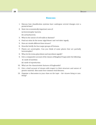 28 BIOLOGY
EXERCISES
1. Discuss how classification systems have undergone several changes over a
period of time?
2. State two economically important uses of:
(a) heterotrophic bacteria
(b) archaebacteria
3. What is the nature of cell-walls in diatoms?
4. Find out what do the terms ‘algal bloom’ and ‘red-tides’ signify.
5. How are viroids different from viruses?
6. Describe briefly the four major groups of Protozoa.
7. Plants are autotrophic. Can you think of some plants that are partially
heterotrophic?
8. What do the terms phycobiont and mycobiont signify?
9. Give a comparative account of the classes of Kingdom Fungi under the following:
(i) mode of nutrition
(ii) mode of reproduction
10. What are the characteristic features of Euglenoids?
11. Give a brief account of viruses with respect to their structure and nature of
genetic material. Also name four common viral diseases.
12. Organise a discussion in your class on the topic – Are viruses living or non-
living?
 