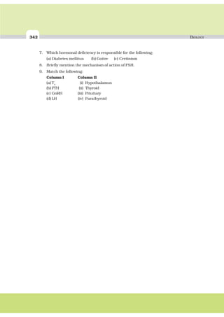 342 BIOLOGY
7. Which hormonal deficiency is responsible for the following:
(a) Diabetes mellitus (b) Goitre (c) Cretinism
8. Briefly mention the mechanism of action of FSH.
9. Match the following:
Column I Column II
(a) T4
(i) Hypothalamus
(b) PTH (ii) Thyroid
(c) GnRH (iii) Pituitary
(d) LH (iv) Parathyroid
 