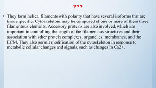 ???
• They form helical filaments with polarity that have several isoforms that are
tissue specific. Cytoskeletons may be composed of one or more of these three
filamentous elements. Accessory proteins are also involved, which are
important in controlling the length of the filamentous structures and their
association with other protein complexes, organelles, membranes, and the
ECM. They also permit modification of the cytoskeleton in response to
metabolic cellular changes and signals, such as changes in Ca2+.
 