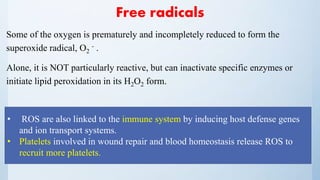 Free radicals
Some of the oxygen is prematurely and incompletely reduced to form the
superoxide radical, O2
- .
Alone, it is NOT particularly reactive, but can inactivate specific enzymes or
initiate lipid peroxidation in its H2O2 form.
–
• ROS are also linked to the immune system by inducing host defense genes
and ion transport systems.
• Platelets involved in wound repair and blood homeostasis release ROS to
recruit more platelets.
 