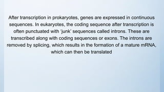 After transcription in prokaryotes, genes are expressed in continuous
sequences. In eukaryotes, the coding sequence after transcription is
often punctuated with ‘junk’ sequences called introns. These are
transcribed along with coding sequences or exons. The introns are
removed by splicing, which results in the formation of a mature mRNA,
which can then be translated
 