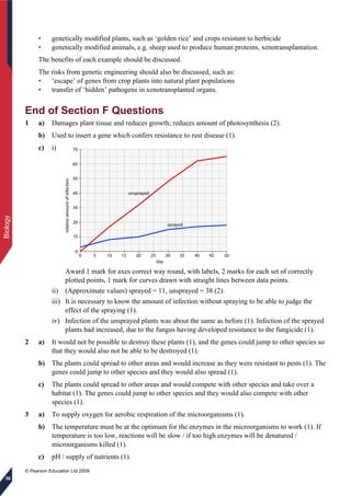 © Pearson Education Ltd 2009
36
Biology
• genetically modified plants, such as ‘golden rice’ and crops resistant to herbicide
• genetically modified animals, e.g. sheep used to produce human proteins, xenotransplantation.
The benefits of each example should be discussed.
The risks from genetic engineering should also be discussed, such as:
• ‘escape’ of genes from crop plants into natural plant populations
• transfer of ‘hidden’ pathogens in xenotransplanted organs.
End of Section F Questions
1 a) Damages plant tissue and reduces growth; reduces amount of photosynthesis (2).
b) Used to insert a gene which confers resistance to rust disease (1).
c) i)
Award 1 mark for axes correct way round, with labels, 2 marks for each set of correctly
plotted points, 1 mark for curves drawn with straight lines between data points.
ii) (Approximate values) sprayed = 11, unsprayed = 38 (2).
iii) It is necessary to know the amount of infection without spraying to be able to judge the
effect of the spraying (1).
iv) Infection of the unsprayed plants was about the same as before (1). Infection of the sprayed
plants had increased, due to the fungus having developed resistance to the fungicide (1).
2 a) It would not be possible to destroy these plants (1), and the genes could jump to other species so
that they would also not be able to be destroyed (1).
b) The plants could spread to other areas and would increase as they were resistant to pests (1). The
genes could jump to other species and they would also spread (1).
c) The plants could spread to other areas and would compete with other species and take over a
habitat (1). The genes could jump to other species and they would also compete with other
species (1).
3 a) To supply oxygen for aerobic respiration of the microorganisms (1).
b) The temperature must be at the optimum for the enzymes in the microorganisms to work (1). If
temperature is too low, reactions will be slow / if too high enzymes will be denatured /
microorganisms killed (1).
c) pH / supply of nutrients (1).
 