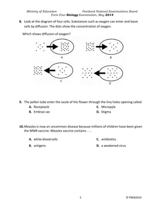 Ministry of Education Puntland National Examinations Board
Form Four Biology Examination, May 2014
5 © PNEB2014
8. Look at the diagram of four cells. Substances such as oxygen can enter and leave
cells by diffusion. The dots show the concentration of oxygen.
Which shows diffusion of oxygen?
9. The pollen tube enter the ovule of the flower through the tiny holes opening called
A. Receptacle
B. Embryo sac
C. Micropyle
D. Stigma
10.Measles is now an uncommon disease because millions of children have been given
the MMR vaccine. Measles vaccine contains . . .
A. white blood cells
B. antigens
C. antibiotics
D. a weakened virus
 