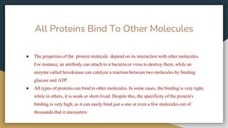 All Proteins Bind To Other Molecules
● The properties of the protein molecule depend on its interaction with other molecules.
For instance, an antibody can attach to a bacteria or virus to destroy them, while an
enzyme called hexokinase can catalyze a reaction between two molecules by binding
glucose and ATP.
● All types of proteins can bind to other molecules. In some cases, the binding is very tight,
while in others, it is weak or short-lived. Despite this, the specificity of the protein's
binding is very high, as it can easily bind just a one or even a few molecules out of
thousands that it encounters.
 