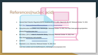 References(nucleic acid)
● General Data Protection Regulation(GDPR) Guidelines BYJU’S. (2021, March 22). BYJUS. Retrieved October 19, 2022,
from https://byjus.com/biology/difference-between-purines-and-pyrimidines/
● Deoxyribonucleic Acid (DNA). (n.d.). Genome.gov. Retrieved October 19, 2022, from https://www.genome.gov/genetics-
glossary/Deoxyribonucleic-Acid
● BD Editors. (2019, October 4). Nucleotide. Biology Dictionary. Retrieved October 19, 2022, from
https://biologydictionary.net/nucleotide/
● Lecture 3
● Replication. (n.d.). Genomics. Retrieved October 19, 2022, from
https://serc.carleton.edu/microbelife/research_methods/genomics/replication.html
 