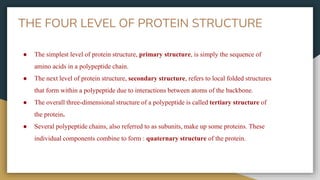 THE FOUR LEVEL OF PROTEIN STRUCTURE
● The simplest level of protein structure, primary structure, is simply the sequence of
amino acids in a polypeptide chain.
● The next level of protein structure, secondary structure, refers to local folded structures
that form within a polypeptide due to interactions between atoms of the backbone.
● The overall three-dimensional structure of a polypeptide is called tertiary structure of
the protein.
● Several polypeptide chains, also referred to as subunits, make up some proteins. These
individual components combine to form : quaternary structure of the protein.
 