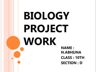 BIOLOGY
PROJECT
WORK NAME :
N.ABHIJNA
CLASS : 10TH
SECTION : D
 