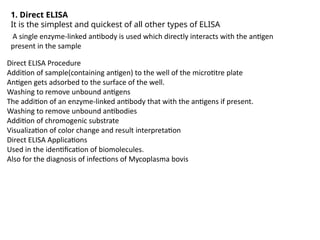 1. Direct ELISA
It is the simplest and quickest of all other types of ELISA
A single enzyme-linked antibody is used which directly interacts with the antigen
present in the sample
Direct ELISA Procedure
Addition of sample(containing antigen) to the well of the microtitre plate
Antigen gets adsorbed to the surface of the well.
Washing to remove unbound antigens
The addition of an enzyme-linked antibody that with the antigens if present.
Washing to remove unbound antibodies
Addition of chromogenic substrate
Visualization of color change and result interpretation
Direct ELISA Applications
Used in the identification of biomolecules.
Also for the diagnosis of infections of Mycoplasma bovis
 