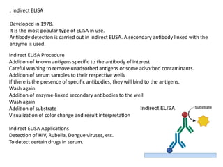 Indirect ELISA Procedure
Addition of known antigens specific to the antibody of interest
Careful washing to remove unadsorbed antigens or some adsorbed contaminants.
Addition of serum samples to their respective wells
If there is the presence of specific antibodies, they will bind to the antigens.
Wash again.
Addition of enzyme-linked secondary antibodies to the well
Wash again
Addition of substrate
Visualization of color change and result interpretation
Indirect ELISA Applications
Detection of HIV, Rubella, Dengue viruses, etc.
To detect certain drugs in serum.
. Indirect ELISA
Developed in 1978.
It is the most popular type of ELISA in use.
Antibody detection is carried out in indirect ELISA. A secondary antibody linked with the
enzyme is used.
 