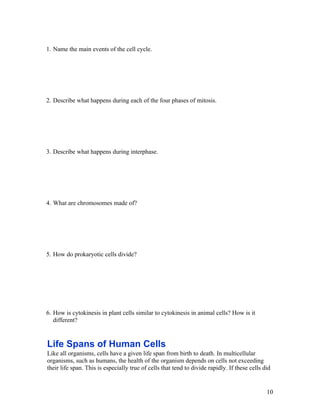 1. Name the main events of the cell cycle.




2. Describe what happens during each of the four phases of mitosis.




3. Describe what happens during interphase.




4. What are chromosomes made of?




5. How do prokaryotic cells divide?




6. How is cytokinesis in plant cells similar to cytokinesis in animal cells? How is it
   different?


Life Spans of Human Cells
Like all organisms, cells have a given life span from birth to death. In multicellular
organisms, such as humans, the health of the organism depends on cells not exceeding
their life span. This is especially true of cells that tend to divide rapidly. If these cells did


                                                                                               10
 