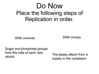 Do Now Place the following steps of Replication in order. DNA unwinds DNA Unzips The bases attach from a supply in the cytoplasm Sugar and phosphate groups form the side of each new strand 