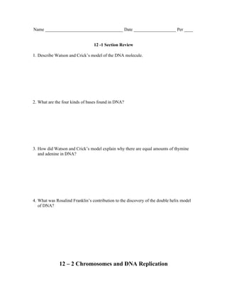 Name ___________________________________ Date ___________________ Per ____


                                 12 -1 Section Review

1. Describe Watson and Crick’s model of the DNA molecule.




2. What are the four kinds of bases found in DNA?




3. How did Watson and Crick’s model explain why there are equal amounts of thymine
   and adenine in DNA?




4. What was Rosalind Franklin’s contribution to the discovery of the double helix model
   of DNA?




              12 – 2 Chromosomes and DNA Replication
 