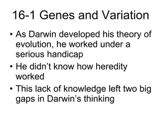 16-1 Genes and Variation As Darwin developed his theory of evolution, he worked under a serious handicap He didn’t know how heredity worked This lack of knowledge left two big gaps in Darwin’s thinking 