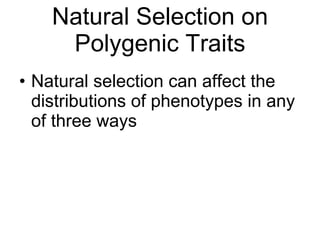 Natural Selection on Polygenic Traits Natural selection can affect the distributions of phenotypes in any of three ways 