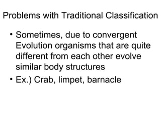 Problems with Traditional Classification

 • Sometimes, due to convergent
   Evolution organisms that are quite
   different from each other evolve
   similar body structures
 • Ex.) Crab, limpet, barnacle
 