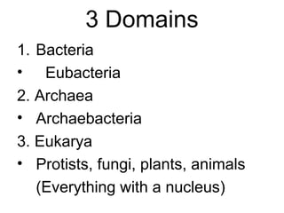 3 Domains
1. Bacteria
• Eubacteria
2. Archaea
• Archaebacteria
3. Eukarya
• Protists, fungi, plants, animals
   (Everything with a nucleus)
 