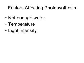 Factors Affecting Photosynthesis Not enough water Temperature  Light intensity 