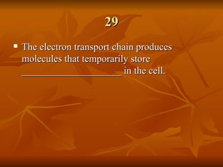 29 The electron transport chain produces molecules that temporarily store ____________________ in the cell. 