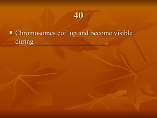 40 Chromosomes coil up and become visible during ____________________.   