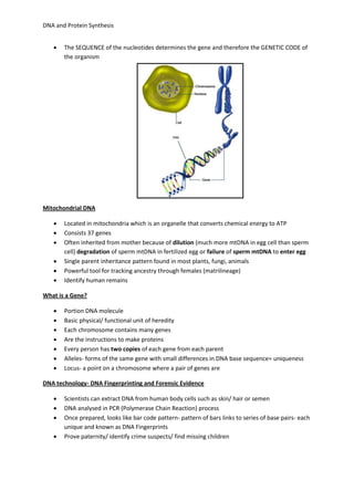 DNA and Protein Synthesis 
 The SEQUENCE of the nucleotides determines the gene and therefore the GENETIC CODE of 
the organism 
Mitochondrial DNA 
 Located in mitochondria which is an organelle that converts chemical energy to ATP 
 Consists 37 genes 
 Often inherited from mother because of dilution (much more mtDNA in egg cell than sperm 
cell) degradation of sperm mtDNA in fertilized egg or failure of sperm mtDNA to enter egg 
 Single parent inheritance pattern found in most plants, fungi, animals 
 Powerful tool for tracking ancestry through females (matrilineage) 
 Identify human remains 
What is a Gene? 
 Portion DNA molecule 
 Basic physical/ functional unit of heredity 
 Each chromosome contains many genes 
 Are the instructions to make proteins 
 Every person has two copies of each gene from each parent 
 Alleles- forms of the same gene with small differences in DNA base sequence= uniqueness 
 Locus- a point on a chromosome where a pair of genes are 
DNA technology- DNA Fingerprinting and Forensic Evidence 
 Scientists can extract DNA from human body cells such as skin/ hair or semen 
 DNA analysed in PCR (Polymerase Chain Reaction) process 
 Once prepared, looks like bar code pattern- pattern of bars links to series of base pairs- each 
unique and known as DNA Fingerprints 
 Prove paternity/ identify crime suspects/ find missing children 
 