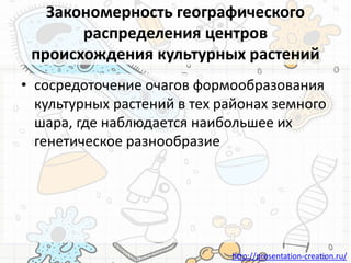 http://presentation-creation.ru/
Закономерность географического
распределения центров
происхождения культурных растений
• сосредоточение очагов формообразования
культурных растений в тех районах земного
шара, где наблюдается наибольшее их
генетическое разнообразие
 