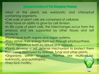 Characteristics of The Kingdom Plantae 
•Most of the plants are eukaryotic and chlorophyll 
containing organisms. 
•Cell walls of plant cells are comprised of cellulose. 
•They have an ability to grow by cell division. 
•In life cycle of plant cells, the interchanges occur from the 
embryos and are supported by other tissues and self 
produce. 
•Plants have both organs and organ systems. 
•They obtain their energy from sun through photosynthesis. 
•Plants reproduce both by sexual and asexual. 
•Plants develop a self defense mechanism to protect them 
from being destroyed by animals, fungi and other plants. 
•Organisms within Kingdom Plantae are multicellular, 
eukaryotic and autotrophic. 
•They lack motility. 
 