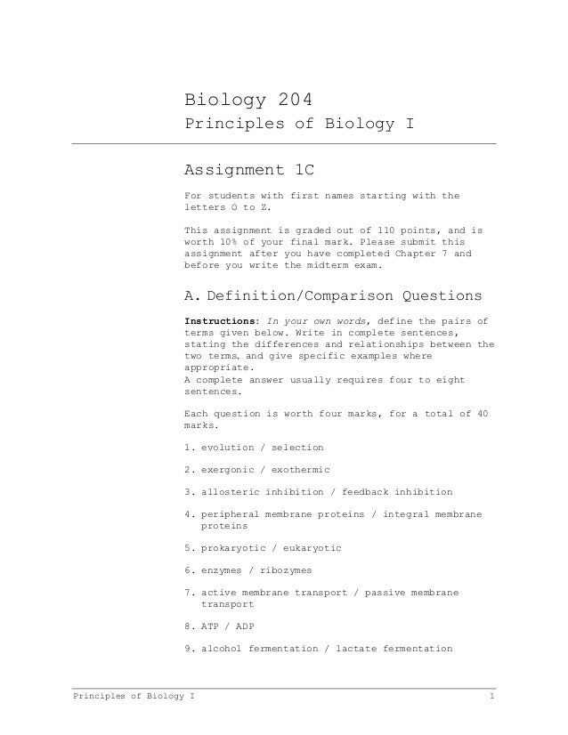 Biology 204 Principles of Biology I Assignment 1C