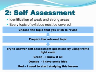 2: Self Assessment
 Identification of weak and strong areas
 Every topic of syllabus must be covered

Try to answer self-assessment questions by using traffic
light code
Green – I know it all
Orange - I have some idea
Red – I need to start studying this lesson
Prepare the relevant topic
Choose the topic that you wish to revise
 