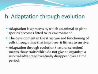 h. Adaptation through evolution
 Adaptation is a process by which an animal or plant
species becomes fitted to its environment.
 The development in the structure and functioning of
cells through time that improves it fitness to survive.
 Adaptation through evolution (natural selection)
means those traits which do not give an organism a
survival advantage eventually disappear over a time
period.
 