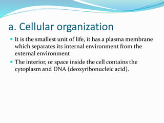 a. Cellular organization
 It is the smallest unit of life, it has a plasma membrane
which separates its internal environment from the
external environment
 The interior, or space inside the cell contains the
cytoplasm and DNA (deoxyribonucleic acid).
 