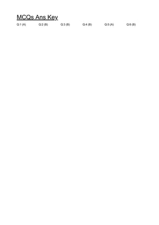 MCQs Ans Key
Q:1 (A) Q:2 (B) Q:3 (B) Q:4 (B) Q:5 (A) Q:6 (B)
 