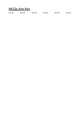 MCQs Ans Key
Q:1 (B) Q:2 (D) Q:3 (D) Q:4 (C) Q:5 (A) Q:6 (C)
 