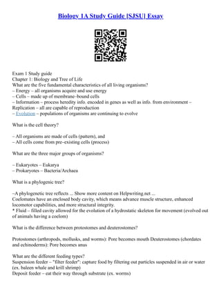 Biology 1A Study Guide [SJSU] Essay | PDF