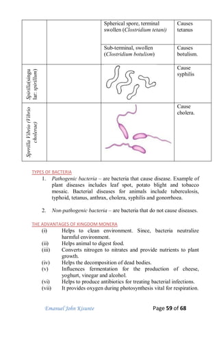 Emanuel John Kisunte Page 59 of 68
Spherical spore, terminal
swollen (Clostridium tetani)
Causes
tetanus
Sub-terminal, swollen
(Clostridium botulism)
Causes
botulism.
Spirilla(singu
lar:spirillum)
Cause
syphilis
SprrillaVibrio(Vibrio
cholerae)
Cause
cholera.
TYPES OF BACTERIA
1. Pathogenic bacteria – are bacteria that cause disease. Example of
plant diseases includes leaf spot, potato blight and tobacco
mosaic. Bacterial diseases for animals include tuberculosis,
typhoid, tetanus, anthrax, cholera, syphilis and gonorrhoea.
2. Non-pathogenic bacteria – are bacteria that do not cause diseases.
THE ADVANTAGES OF KINGDOM MONERA
(i) Helps to clean environment. Since, bacteria neutralize
harmful environment.
(ii) Helps animal to digest food.
(iii) Converts nitrogen to nitrates and provide nutrients to plant
growth.
(iv) Helps the decomposition of dead bodies.
(v) Influences fermentation for the production of cheese,
yoghurt, vinegar and alcohol.
(vi) Helps to produce antibiotics for treating bacterial infections.
(vii) It provides oxygen during photosynthesis vital for respiration.
 