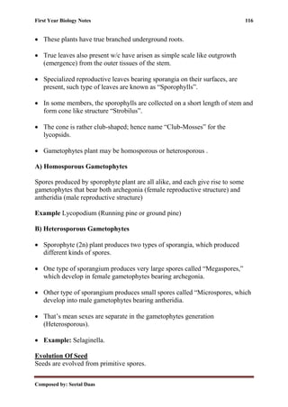 First Year Biology Notes 116
Composed by: Seetal Daas
• These plants have true branched underground roots.
• True leaves also present w/c have arisen as simple scale like outgrowth
(emergence) from the outer tissues of the stem.
• Specialized reproductive leaves bearing sporangia on their surfaces, are
present, such type of leaves are known as “Sporophylls”.
• In some members, the sporophylls are collected on a short length of stem and
form cone like structure “Strobilus”.
• The cone is rather club-shaped; hence name “Club-Mosses” for the
lycopsids.
• Gametophytes plant may be homosporous or heterosporous .
A) Homosporous Gametophytes
Spores produced by sporophyte plant are all alike, and each give rise to some
gametophytes that bear both archegonia (female reproductive structure) and
antheridia (male reproductive structure)
Example Lycopodium (Running pine or ground pine)
B) Heterosporous Gametophytes
• Sporophyte (2n) plant produces two types of sporangia, which produced
different kinds of spores.
• One type of sporangium produces very large spores called “Megaspores,”
which develop in female gametophytes bearing archegonia.
• Other type of sporangium produces small spores called “Microspores, which
develop into male gametophytes bearing antheridia.
• That’s mean sexes are separate in the gametophytes generation
(Heterosporous).
• Example: Selaginella.
Evolution Of Seed
Seeds are evolved from primitive spores.
 