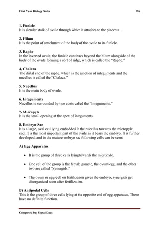 First Year Biology Notes 126
Composed by: Seetal Daas
1. Funicle
It is slender stalk of ovule through which it attaches to the placenta.
2. Hilum
It is the point of attachment of the body of the ovule to its funicle.
3. Raphe
In the inverted ovule, the funicle continues beyond the hilum alongside of the
body of the ovule forming a sort of ridge, which is called the “Raphe.”
4. Chalaza
The distal end of the raphe, which is the junction of integuments and the
nucellus is called the “Chalaza.”
5. Nucellus
It is the main body of ovule.
6. Integuments
Nucellus is surrounded by two coats called the “Integuments.”
7. Micropyle
It is the small opening at the apex of integuments.
8. Embryo-Sac
It is a large, oval cell lying embedded in the nucellus towards the micropyle
end. It is the most important part of the ovule as it bears the embryo. It is further
developed, and in the mature embryo sac following cells can be seen:
A) Egg Apparatus
• It is the group of three cells lying towards the micropyle.
• One cell of the group is the female gamete, the ovum/egg, and the other
two are called “Synergids.”
• The ovum or egg-cell on fertilization gives the embryo, synergids get
disorganized soon after fertilization.
B) Antipodal Cells
This is the group of three cells lying at the opposite end of egg apparatus. These
have no definite function.
 