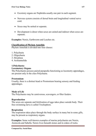 First Year Biology Notes 137
Composed by: Seetal Daas
• Excretory organs are Nephridia usually one pair in each segment.
• Nervous system consists of dorsal brain and longitudinal ventral nerve
cord.
• Sexes may be united or separate.
• Development is direct when sexes are united and indirect when sexes are
separate.
Examples: Nereis, Earthworm and Leeches etc.
Classification of Phylum Annelida
Phylum Annelida is divided into four classes:
1. Polychaeta
2. Oligochaeta
3. Hirudinea
4. Archiannelida
1.Polychaeta:
Locomotory Organs
The Polychaetes possess paired parapodia functioning as locomotry appendages,
are present only in the class Polychaeta.
Prostomium
Usually, there is a distinct head or Prostomium bearing sensory and feeding
appendages.
Mode of Life
The Polychaetes may be carnivorous, scavengers, or filter feeders.
Reproduction
The sexes are separate and fertilization of eggs takes place outside body. Their
free-swimming larva is called Trochophore.
Respiration
The respiration takes place through the body surface in many but in some gills,
may be present as respiratory organs.
Examples: Some well-known examples of marine polychaetes are Nereis,
Arenicola and Sabella. Nereis lives beneath stones and in crakes of rocks.
 