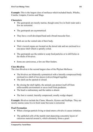 First Year Biology Notes 141
Composed by: Seetal Daas
Example: This is the largest class of mollusca which included Snails, Whelks,
Conchs, Limpets, Cowries and Slugs.
Characters
• The gastropods are mostly marine, though some live in fresh water and a
few are terrestrial.
• The gastropods are asymmetrical.
• They have a well-developed head and a broad muscular foot.
• Both are on the ventral side of their body.
• Their visceral organs are located on the dorsal side and are enclosed in a
one-piece shell which is spirally coiled.
• The gastropods use the redula to scarp food particles or to drill holes in
the shells of bivalves.
• Some are carnivorous, a few are filter feeders.
Class Bivalvia
The class Bivalvia is the second largest class of the Phylum Mollusca.
• The bivalves are bilaterally symmetrical with a laterally compressed body
enclosed in a shell of two pieces (valves) hinged together.
• The shell can be opened or closed.
• By closing the shell tightly, the animals can protect itself off from
unfavourable environment or saves itself from predators.
• The head is rudimentary and the radula is absent.
• The foot is ventral, laterally compressed, usually wedge shaped.
Example: Bivalves include the Clams, Mussels, Oysters and Scallops. They are
mostly marine some live in fresh water but none is terrestrial.
Pearl Formation
• When a foreign particle living or dead enters a bivalve it causes irritation.
• The epithelial cells of the mantle start depositing concentric layers of
calcerous material around it, which ultimately forms a pearl.
 
