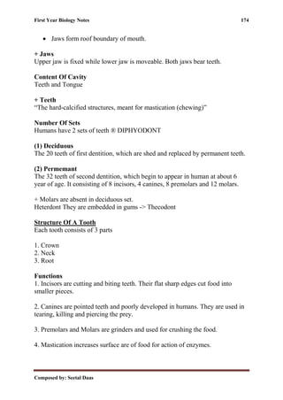 First Year Biology Notes 174
Composed by: Seetal Daas
• Jaws form roof boundary of mouth.
+ Jaws
Upper jaw is fixed while lower jaw is moveable. Both jaws bear teeth.
Content Of Cavity
Teeth and Tongue
+ Teeth
“The hard-calcified structures, meant for mastication (chewing)”
Number Of Sets
Humans have 2 sets of teeth ® DIPHYODONT
(1) Deciduous
The 20 teeth of first dentition, which are shed and replaced by permanent teeth.
(2) Permemant
The 32 teeth of second dentition, which begin to appear in human at about 6
year of age. It consisting of 8 incisors, 4 canines, 8 premolars and 12 molars.
+ Molars are absent in deciduous set.
Heterdont They are embedded in gums -> Thecodont
Structure Of A Tooth
Each tooth consists of 3 parts
1. Crown
2. Neck
3. Root
Functions
1. Incisors are cutting and biting teeth. Their flat sharp edges cut food into
smaller pieces.
2. Canines are pointed teeth and poorly developed in humans. They are used in
tearing, killing and piercing the prey.
3. Premolars and Molars are grinders and used for crushing the food.
4. Mastication increases surface are of food for action of enzymes.
 